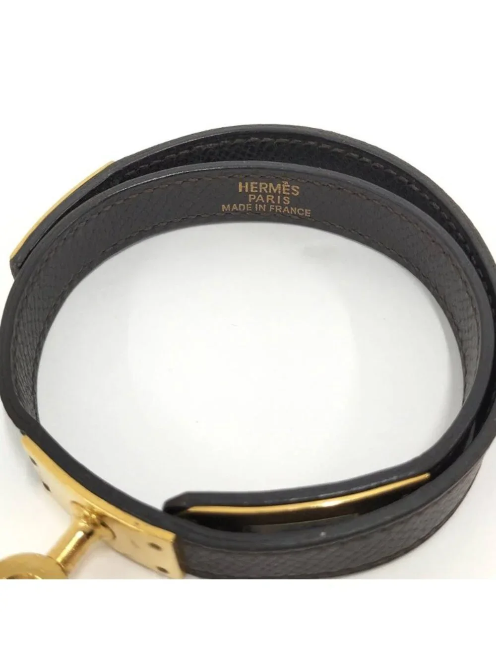 Hermes Tall Double Tour Bracelet Leather Dark Brown Gold Plated